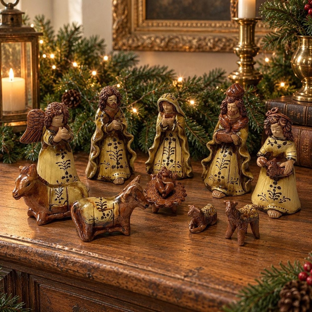 VTG 10 Piece Nativity Set Rustic Folk Art Christmas Manger BROWN Holiday Decor
